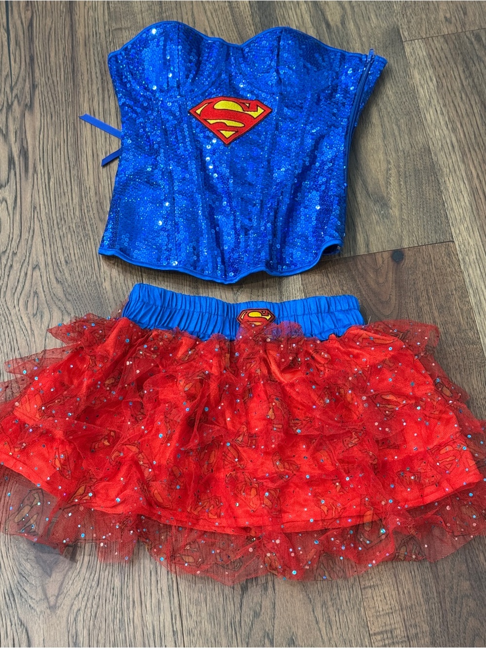DC Comics Blue Sequin Supergirl Bustier with Red Tulle Skirt